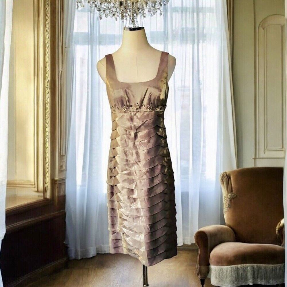 Alex Evenings Cocktail Dress Size 6 Shimmer Bronze Beaded Fish Scale Pleated